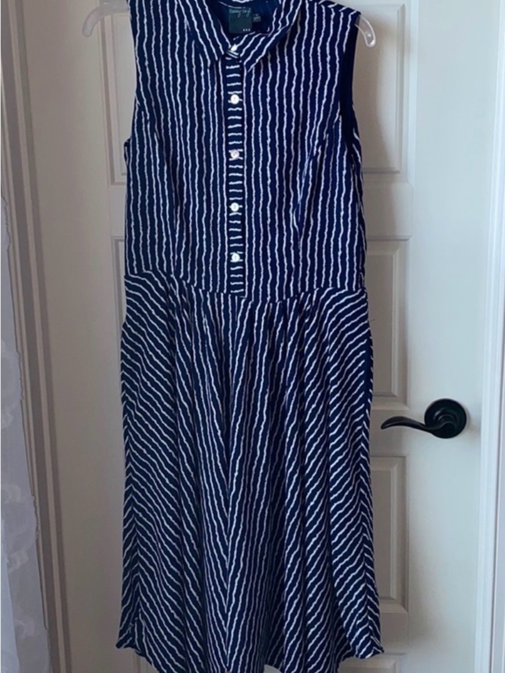 Gabby Skye Sleeveless Navy and White Striped Button-Front Dress